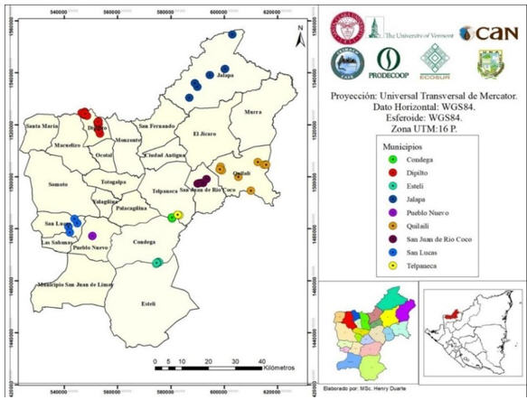 Ubicación de las unidades de producción familiar en municipios  

de
Estelí, Madriz y Nueva Segovia.